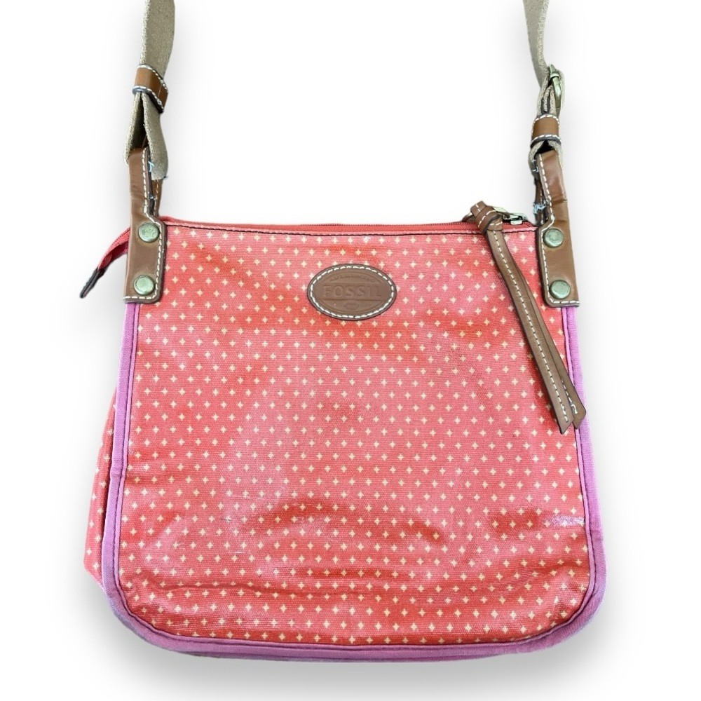 Fossil Coated Canvas Oilcloth Style Keyper Crossbody Pink Coral Diamond Star